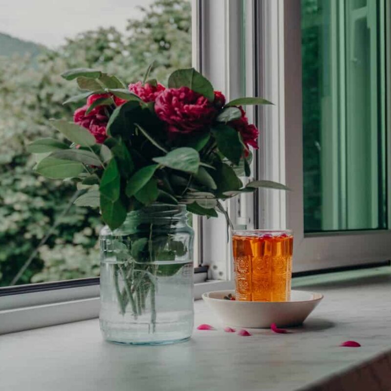 Bouquet of red flowers in a glass jar beside a glass of iced tea on a windowsill, with scattered rose petals, illustrating a serene home environment.